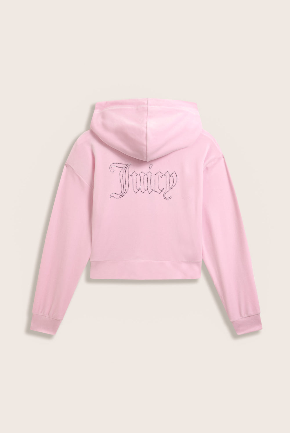 Displays the Cherry Blossom 'juicy' branded outline diamanté oversized cropped velour hoodie 