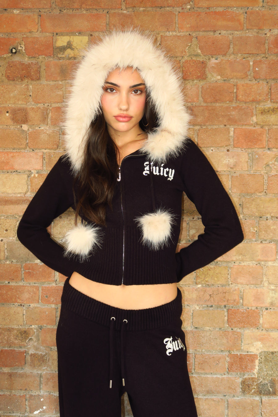 Black Knitted Fur Trim Hoodie