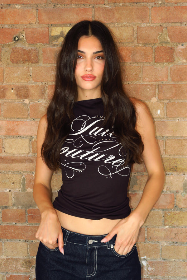 Black Script Boatneck Top