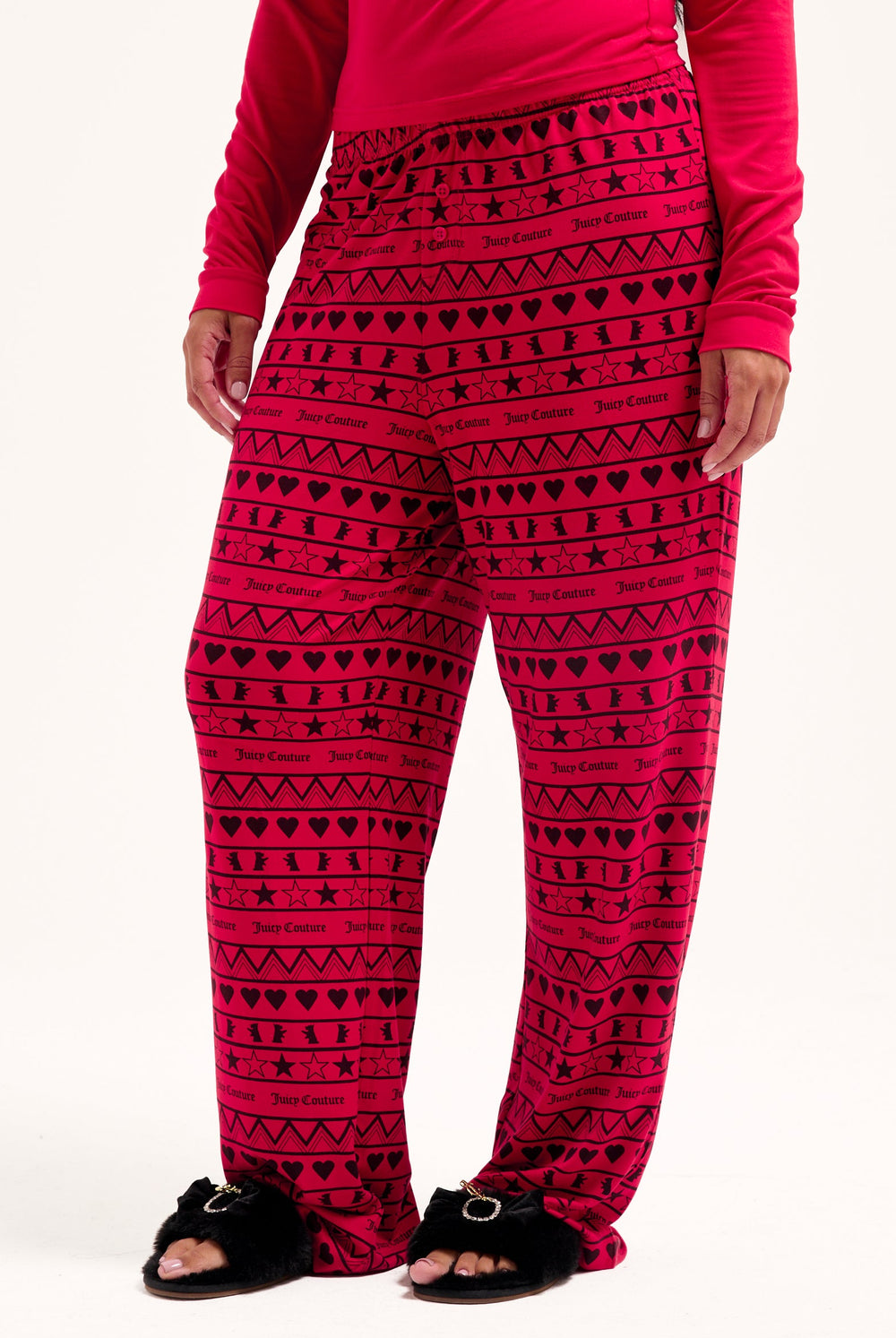 Displays a model wearing the toreador 'Juicy' I've been good pyjama set 