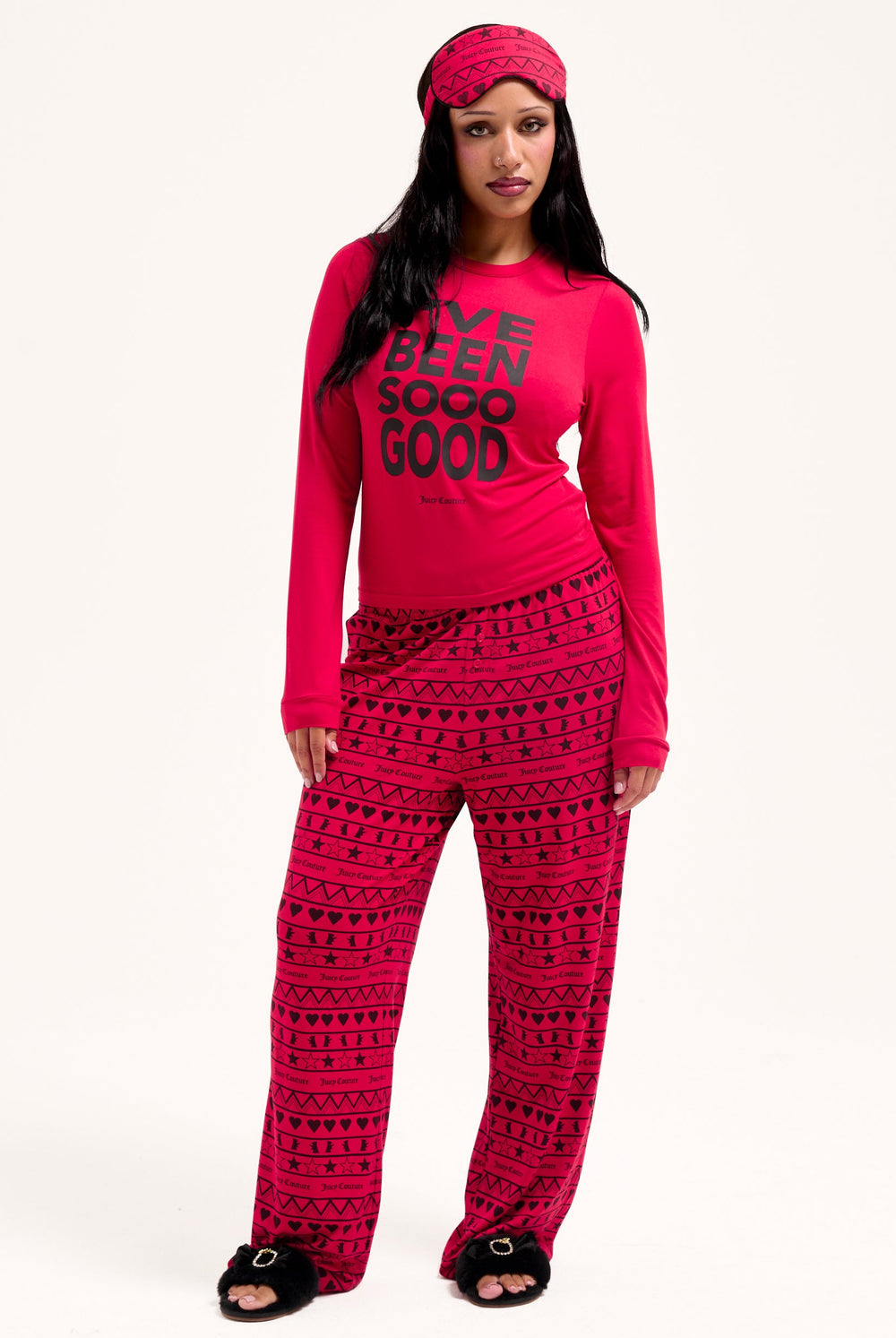 Displays a model wearing the toreador 'Juicy' I've been good pyjama set 