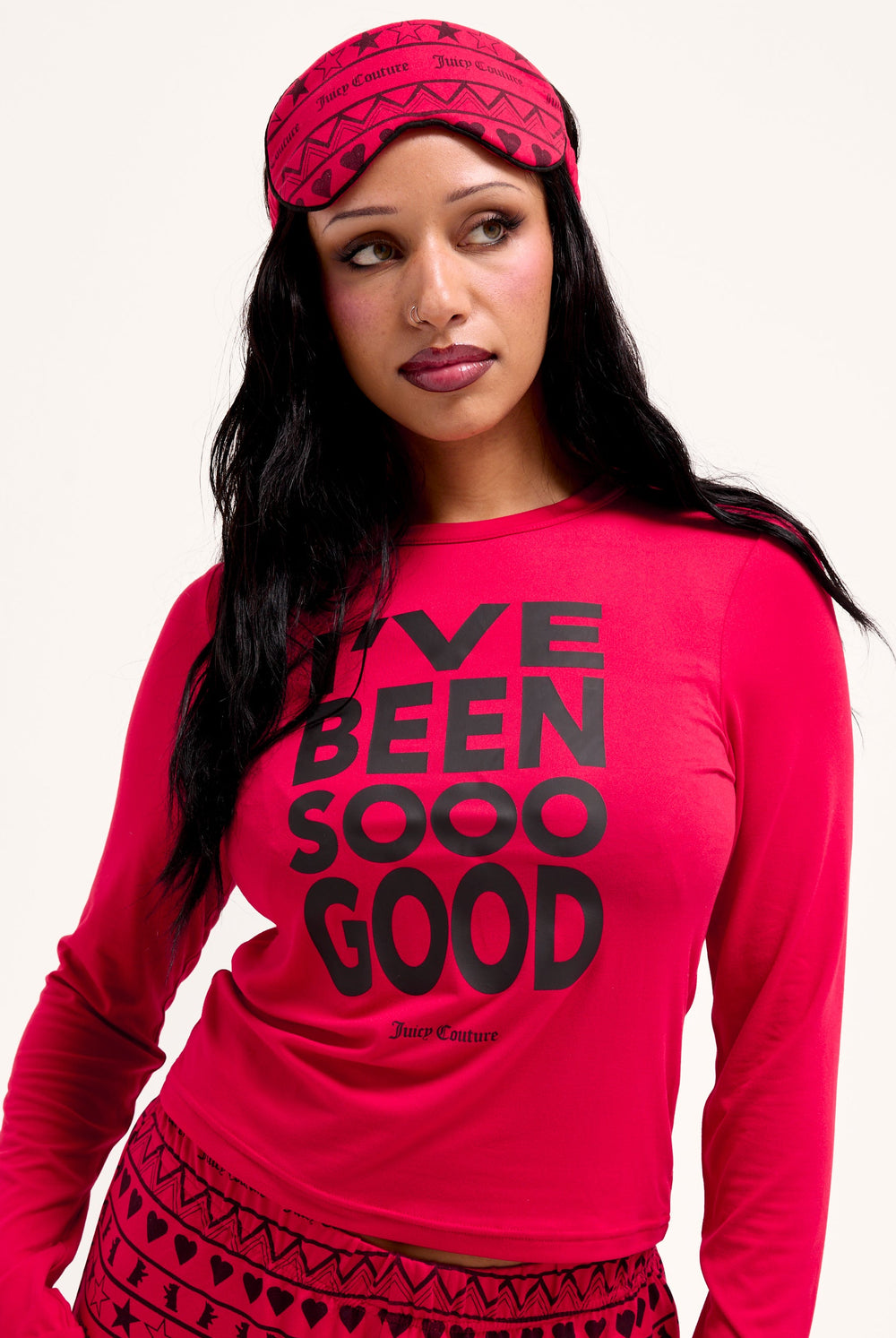 Displays a model wearing the toreador 'Juicy' I've been good pyjama set 