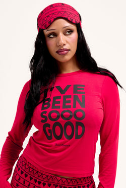 Displays a model wearing the toreador 'Juicy' I've been good pyjama set 