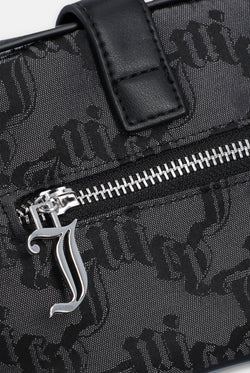 Displays the Black jacquard 'Juicy' branded soft buckle bag featuring the juicy zip 
