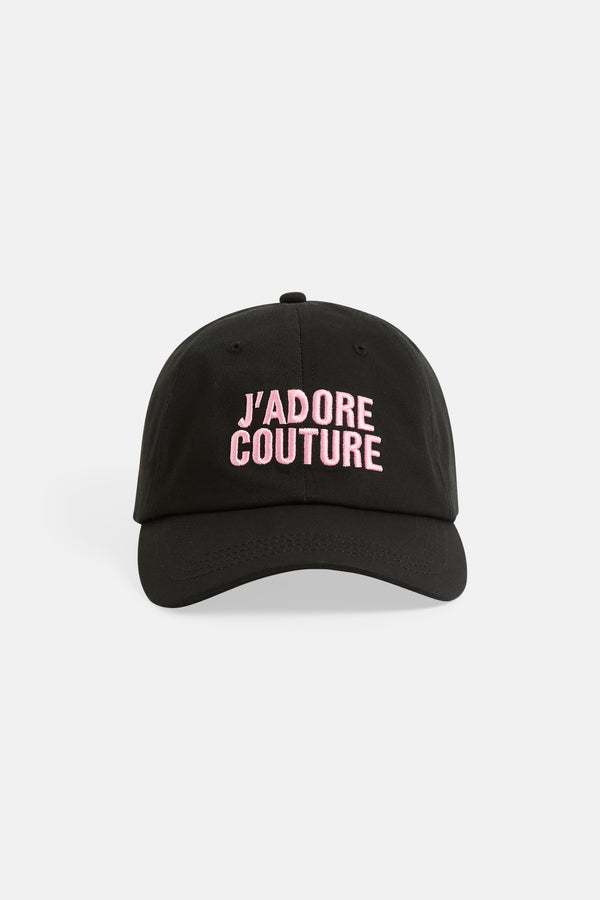 Displays the Black 'Juicy' branded J'Adore Couture cap 