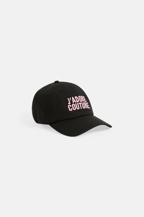 Displays the Black 'Juicy' branded J'Adore Couture cap 