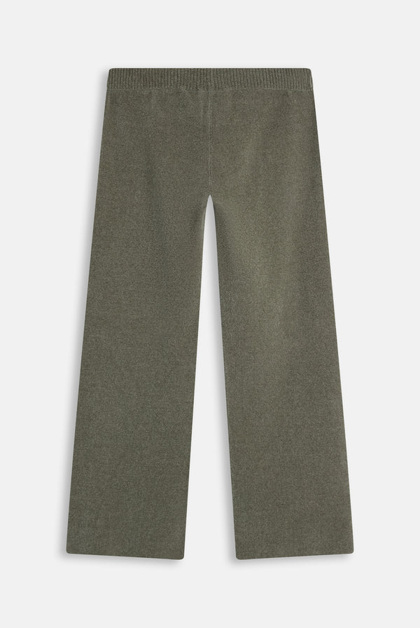 Displays the Oil Green 'Juicy' branded Luxe Knit Straight Leg Pant