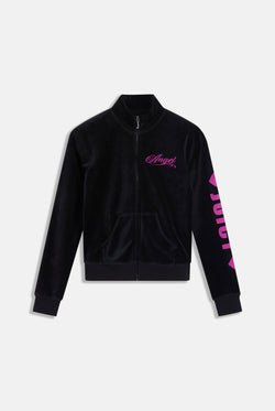 Displays the Black 'Juicy' branded angel cotton velour track top
