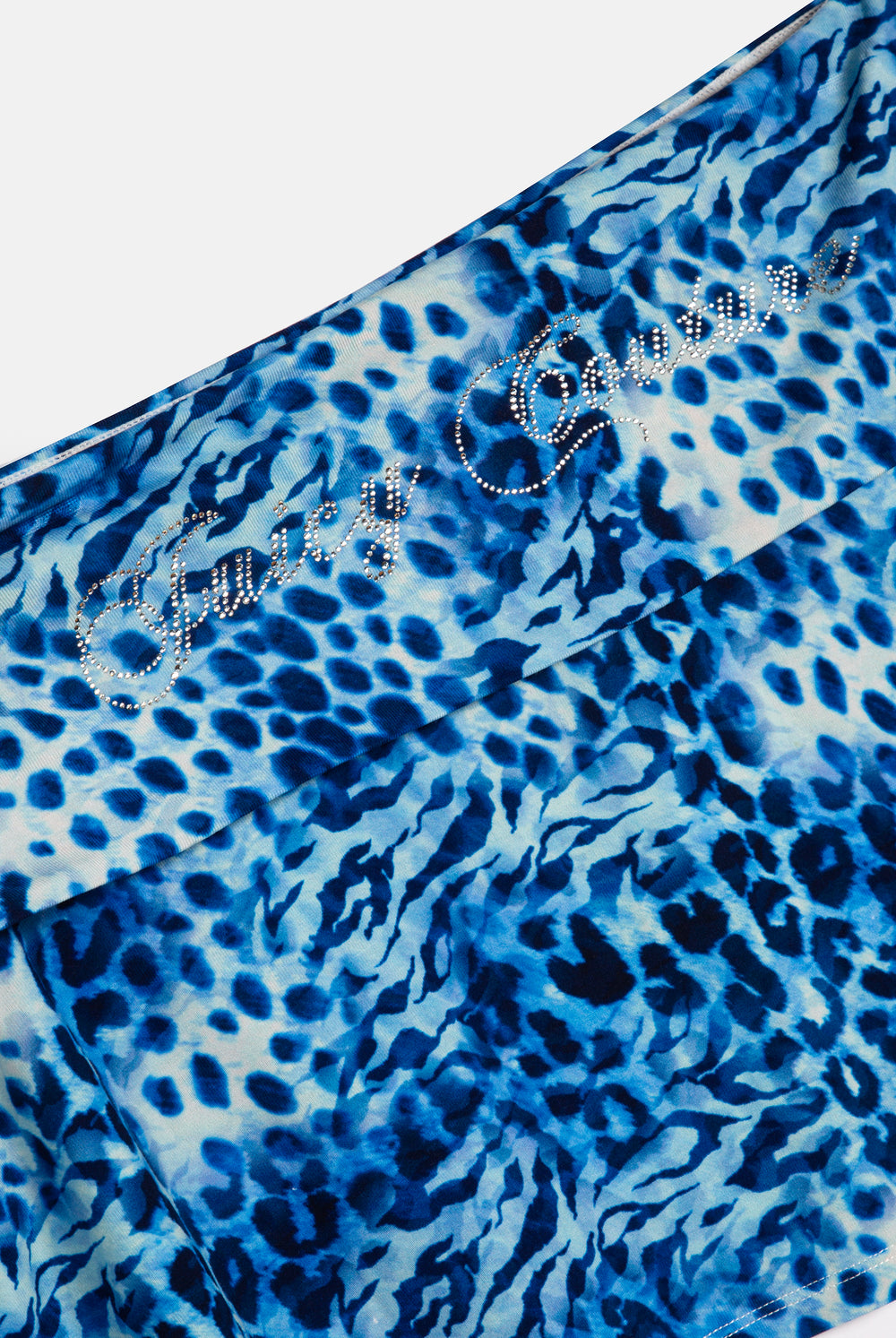 Displays the blue leopard print 'Juicy' branded jersey roll down mini skirt juicy Couture 