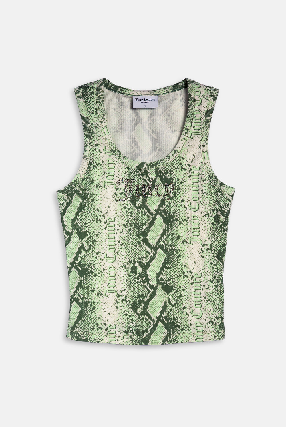 Displays the Green Snake print 'Juicy' branded diamanté vest 