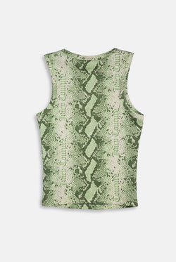 Displays a model wearing the Green Snake print 'Juicy' branded diamanté vest 