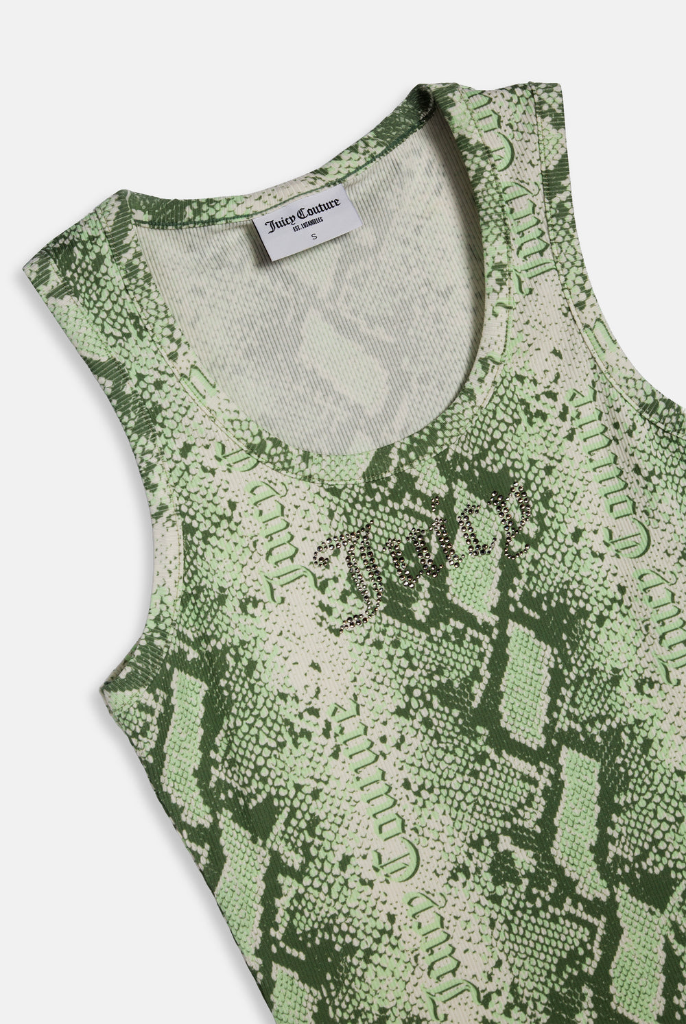 Displays the Green Snake print 'Juicy' branded diamanté vest 