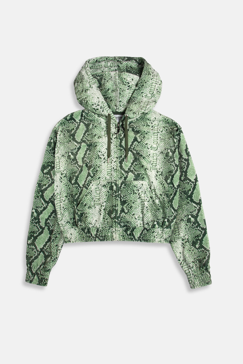 Displays the Green snake print 'Juicy' branded diamanté oversized cropped hoodie