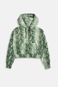 Displays the Green snake print 'Juicy' branded diamanté oversized cropped hoodie