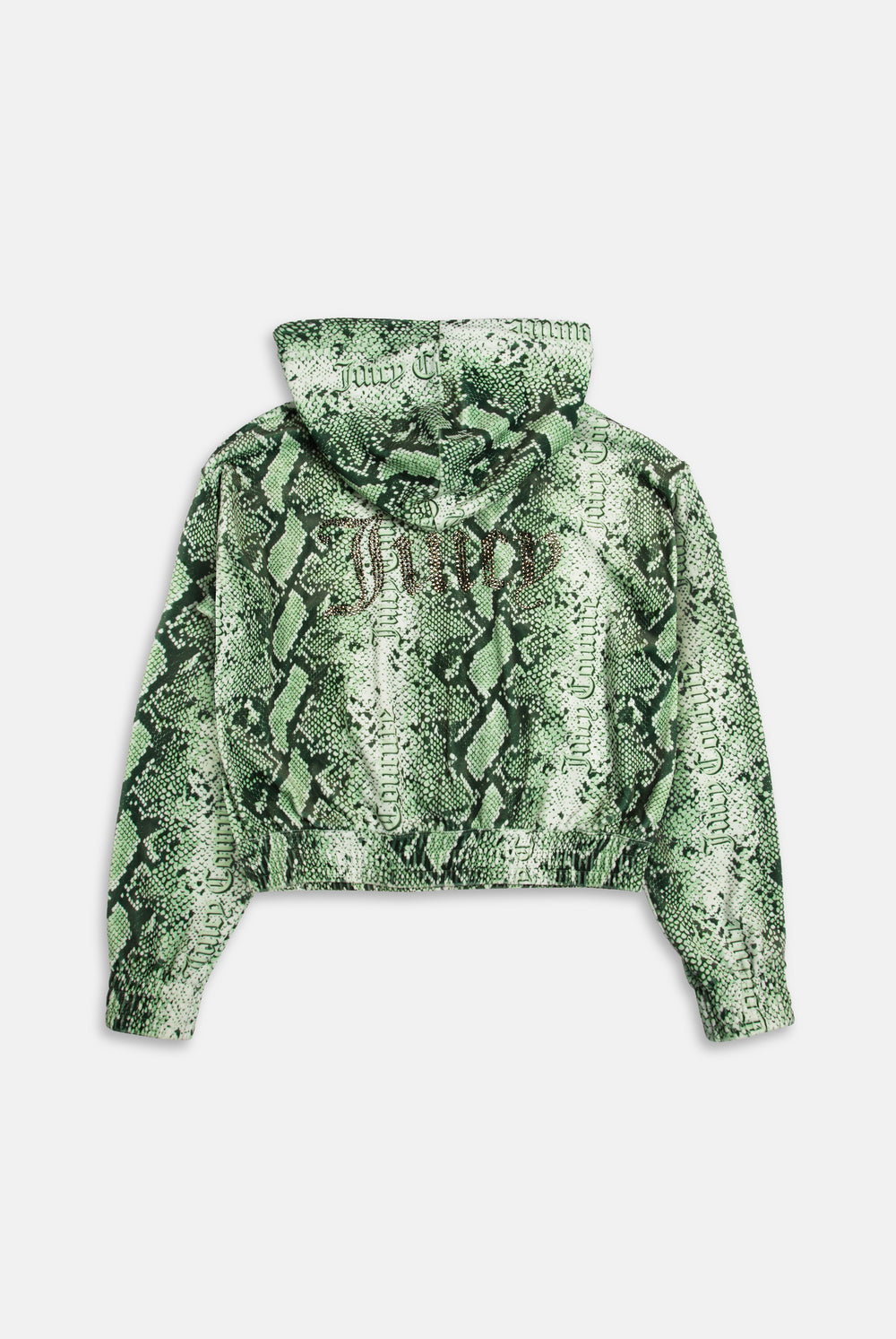 Displays the Green snake print 'Juicy' branded diamanté oversized cropped hoodie