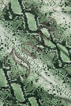 Displays the Green snake print 'Juicy' branded diamanté oversized cropped hoodie featuring the juicy branding 