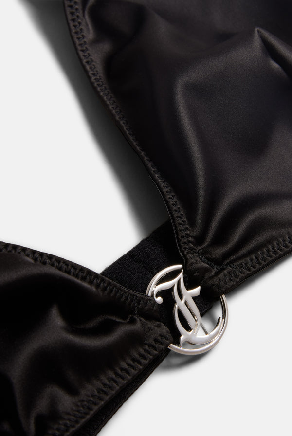 Displays the Black 'Juicy' branded satin charm triangle bra featuring the juicy couture logo
