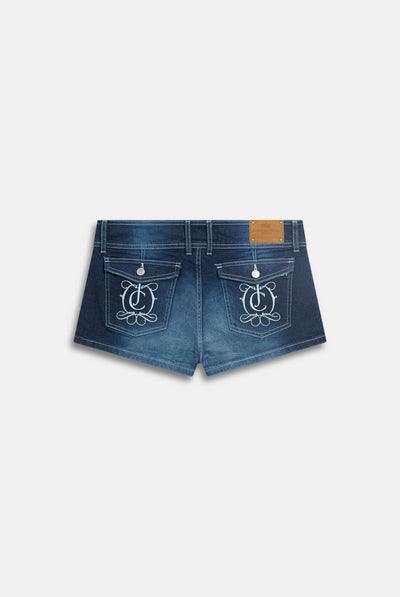 MID WASH CREST BOOTY DENIM SHORTS