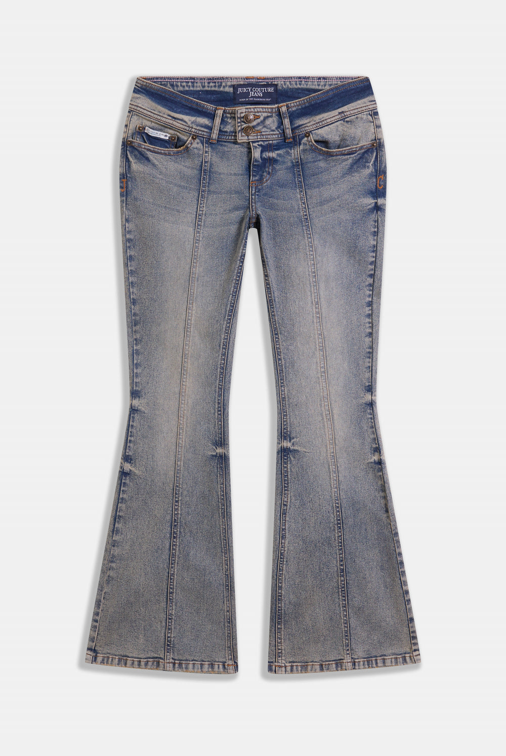 Displays the Vintage Wash 'Juicy' branded Low Rise flared embroiled jeans 