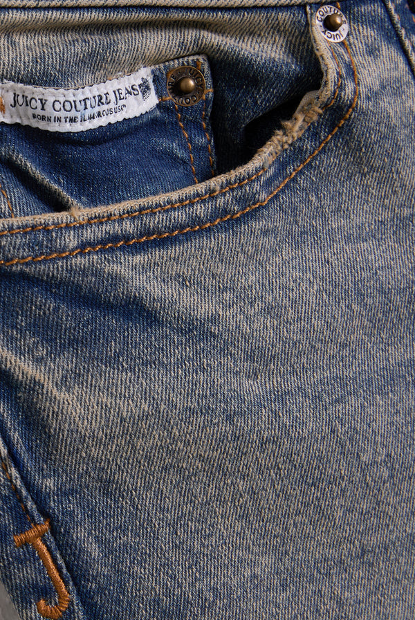 Displays the Vintage Wash 'Juicy' branded Low Rise flared embroiled jeans 