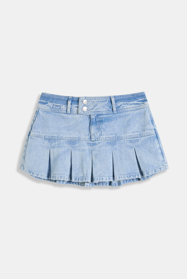 Displays the light wash 'juicy' branded denim pleated mini skirt 