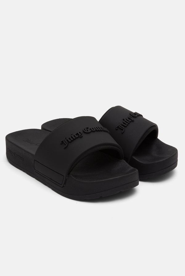 Displays a pair of the Black 'juicy' branded stacked embossed sliders 