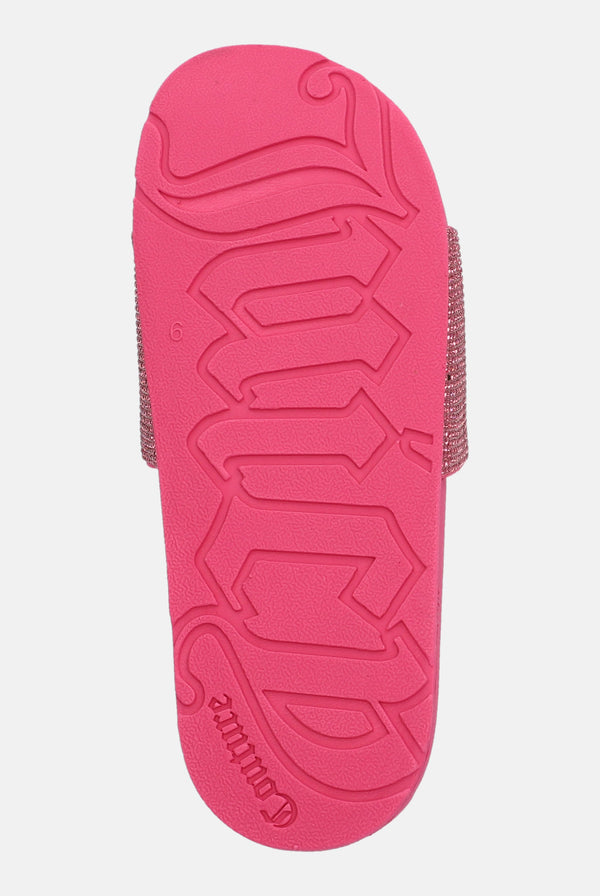 Displays the sole of the Hot Pink 'Juicy' branded diamanté velour slider
