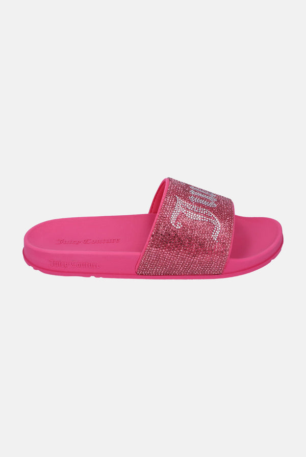 Displays the Hot Pink 'Juicy' branded diamanté velour slider
