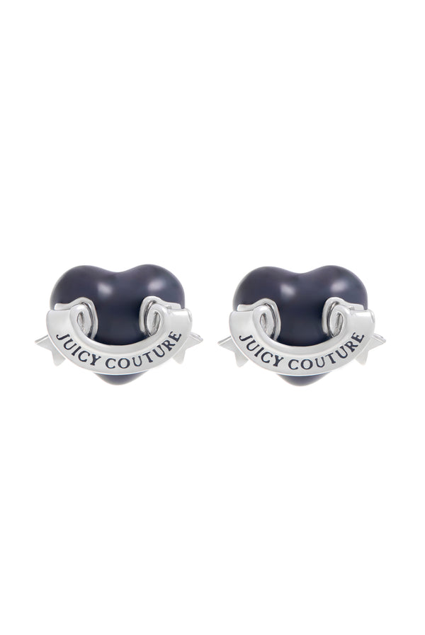 Displays the Silver Tone 'Juicy' branding enamel icon heart stud earrings 