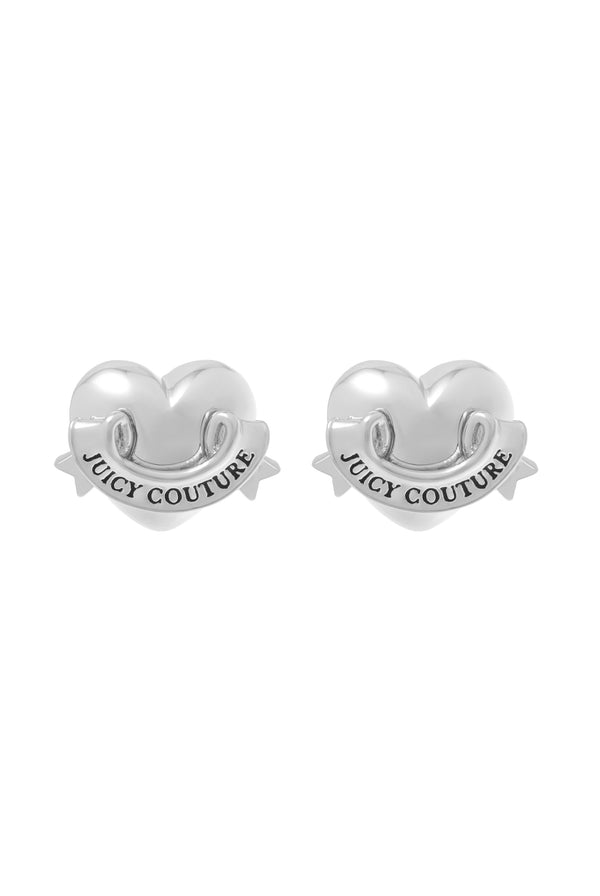 Displays the Silver Tone 'Juicy' icon heart stud earrings 