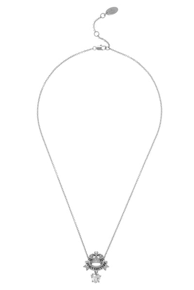 SILVER CROWN & CRYSTAL HEART DROP PENDANT NECKLACE