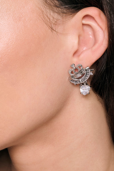 SILVER TONE CROWN & CRYSTAL HEART DROP EARRINGS