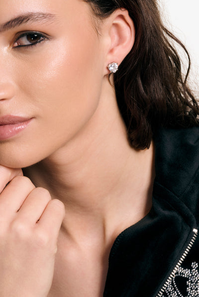 SILVER TONE SOLITAIRE CRYSTAL HEART STUD EARRINGS