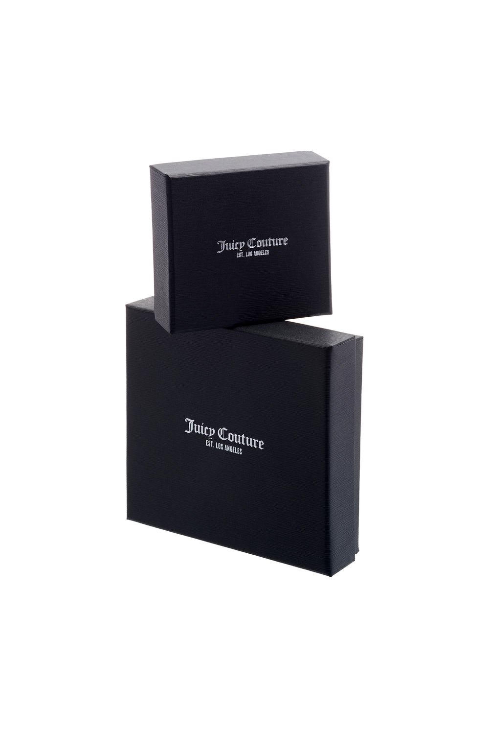 Displays the packaging for the Silver Tone 'Juicy' branded solitaire crystal heart stud earrings