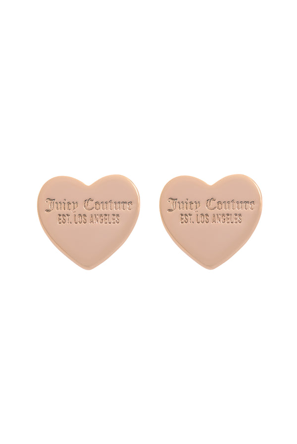 Displays the Gold tone 'juicy' branded juicy Couture heart stud earrings