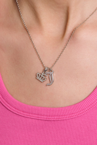 SILVER TONE CRYSTAL MOTIF CROWN & J CHARM PENDANT