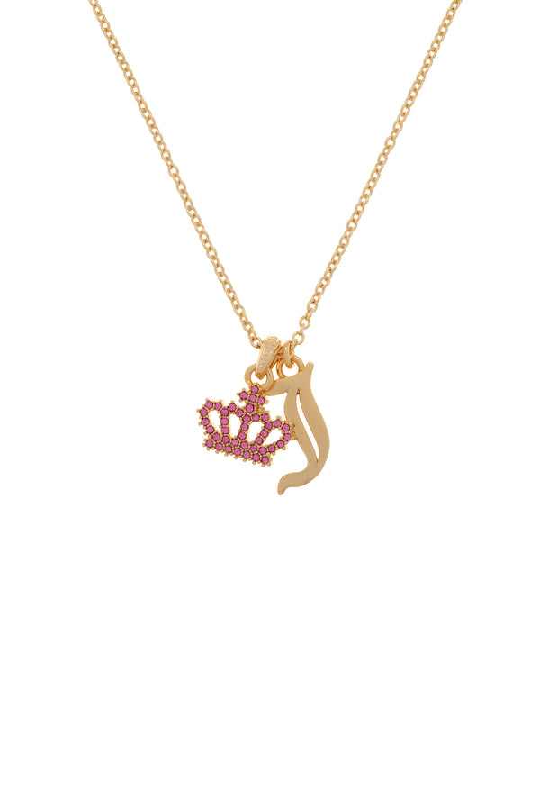 Displays a model wearing the Gold tone 'Juicy' crystal motif crown & J charm pendant