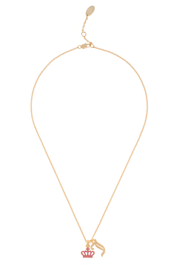 Displays the Gold tone 'Juicy' crystal motif crown & J charm pendant 