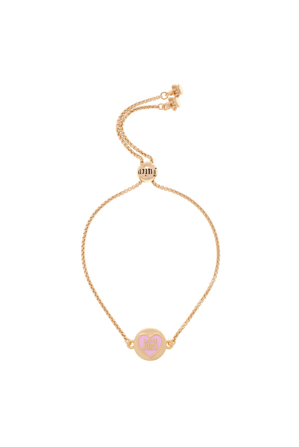 Displays the Gold tone 'Juicy' branded love juicy reversible enamel adjustable bracelet 