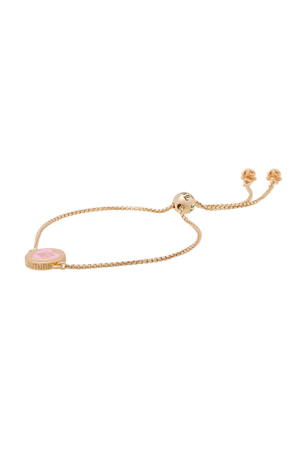 Displays the Gold tone 'Juicy' branded love juicy reversible enamel adjustable bracelet 