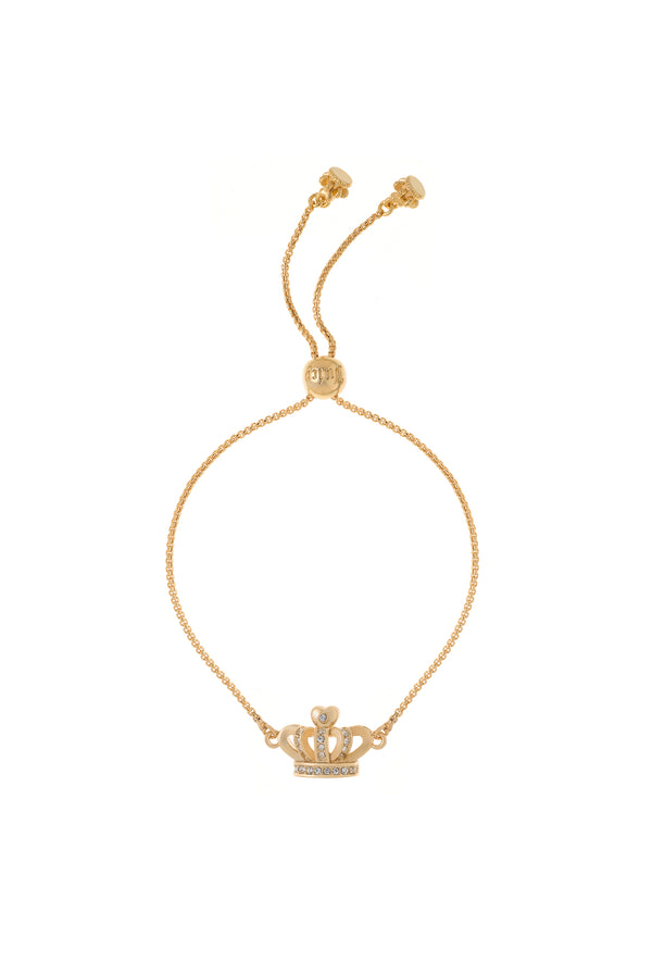 Displays the gold tone 'juicy' branded crystal icon crown adjustable bracelet 