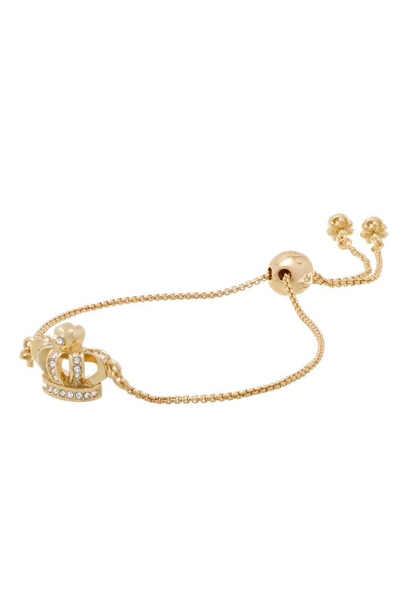 Displays the gold tone 'juicy' branded crystal icon crown adjustable bracelet 