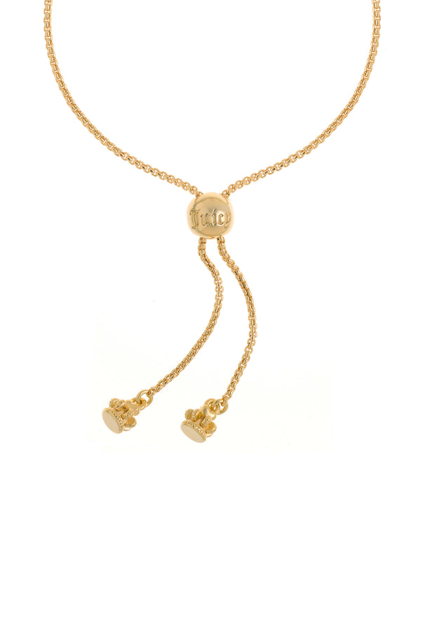 Displays the gold tone 'juicy' branded crystal icon crown adjustable bracelet 