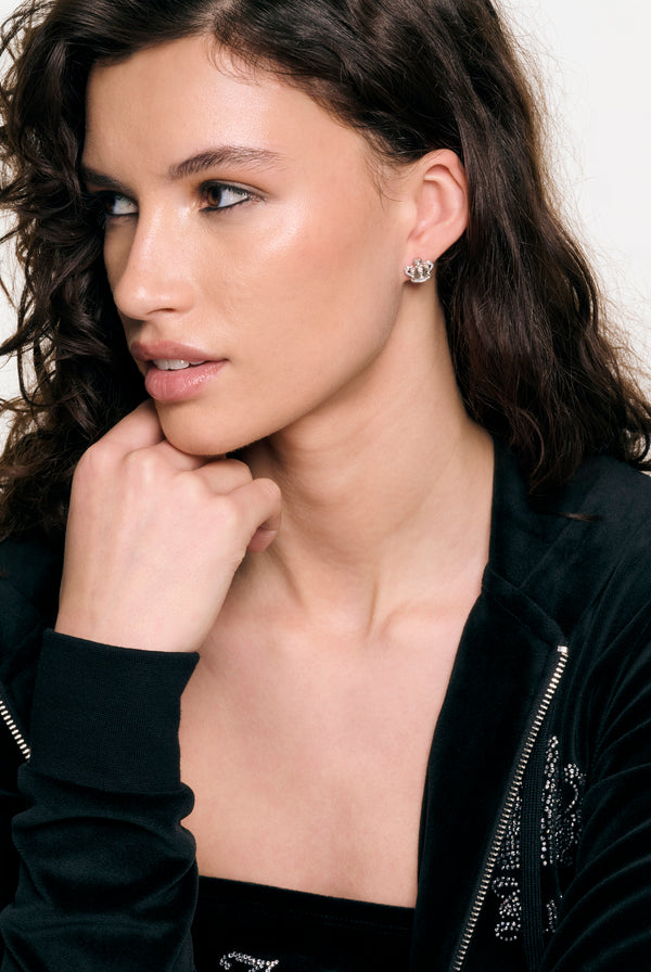 SILVER TONE CRYSTAL ICON CROWN STUD EARRING