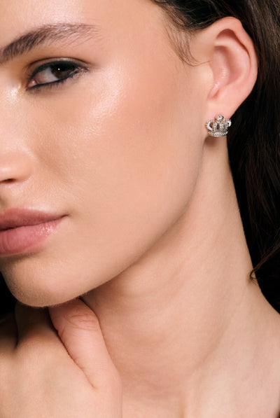 SILVER TONE ICON CROWN STUD EARRING