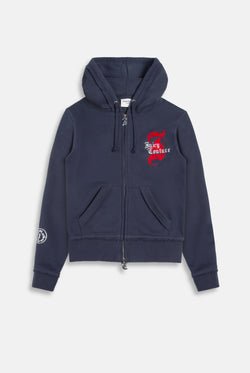 Displays the Mood indigo 'juicy' branded longline fleece zip through hoodie 