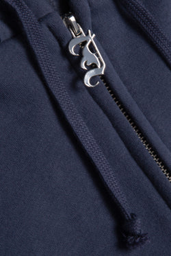 Displays the Mood indigo 'juicy' branded longline fleece zip through hoodie featuring the juicy zip