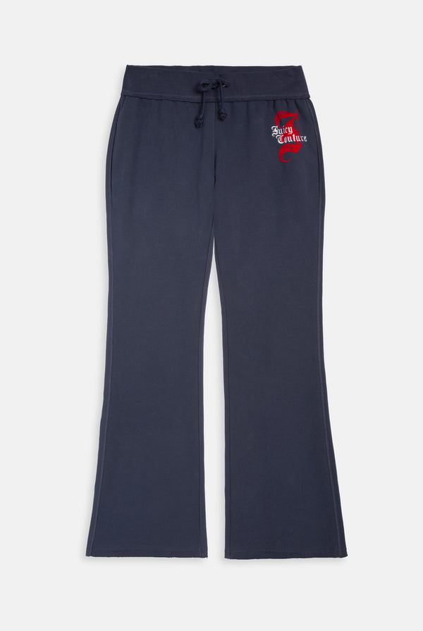 Displays the Mood indigo relaxed fit 'juicy' branded flare fleece track pant 