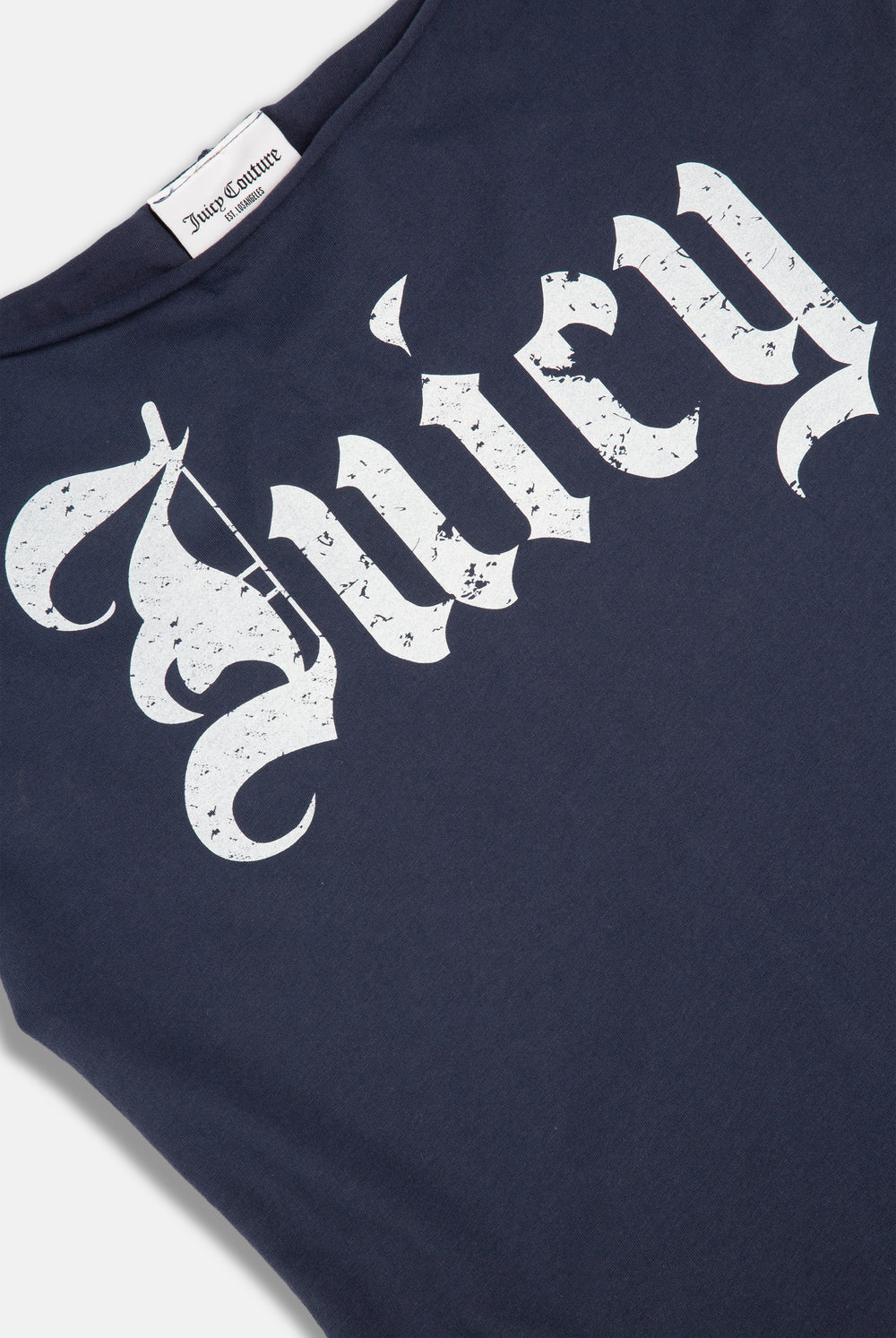 Displays the Mood Indigo 'Juicy' branded off the shoulder T-shirt featuring the Juicy branding