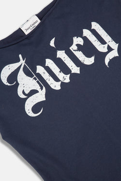 Displays the Mood Indigo 'Juicy' branded off the shoulder T-shirt featuring the Juicy branding